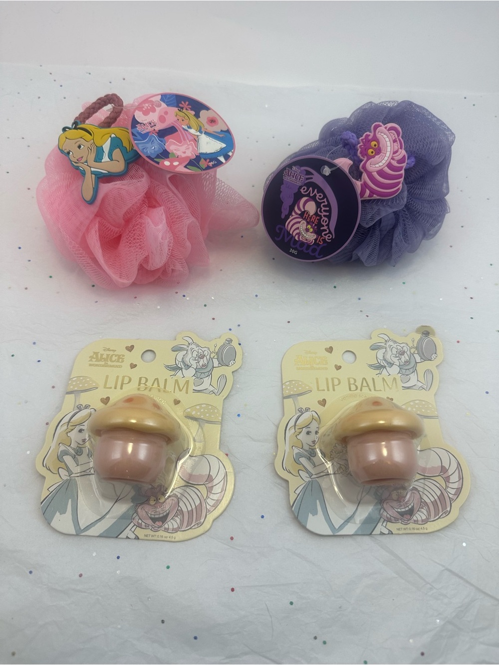 Alice in Wonderland Mushroom Lip Balm Duo & Bath Loofa set NWT